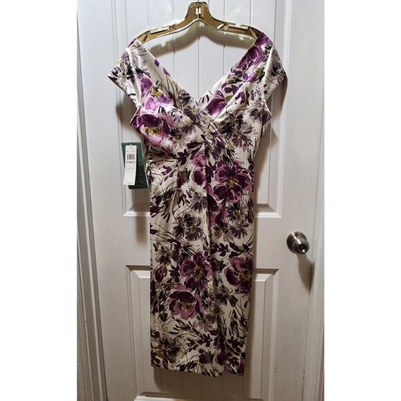 NEW LONDON STYLE NIGHTS Cap Sleeve V Neck Satin Purple Floral Midi Dress Size 12 - Picture 7 of 10